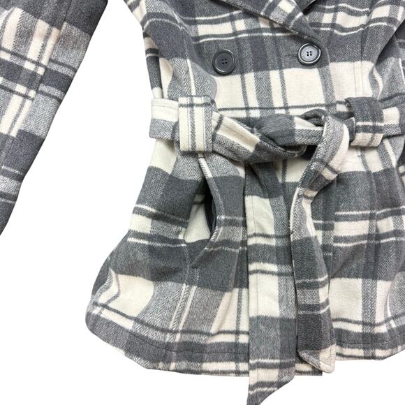 JOUJOU Women's / Junior's Plaid Button Up Belted Coat Jacket Size S White Gray - Picture 3 of 11